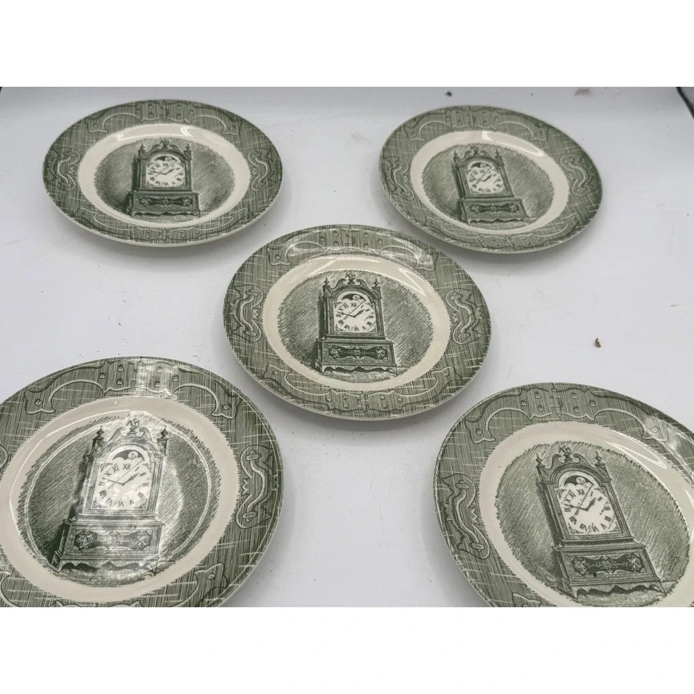 Vintage Royal China The Old Curiosity Shop Green Clock Bread Plates Set of 5
